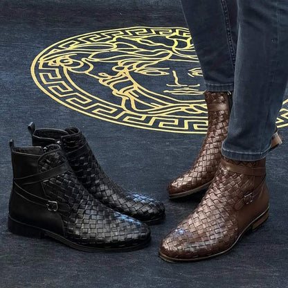 Woven High-Top Buckle Zipper Ankle Boots