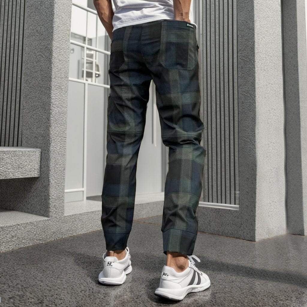 Blue and black plaid micro-elastic slim-fitting pants