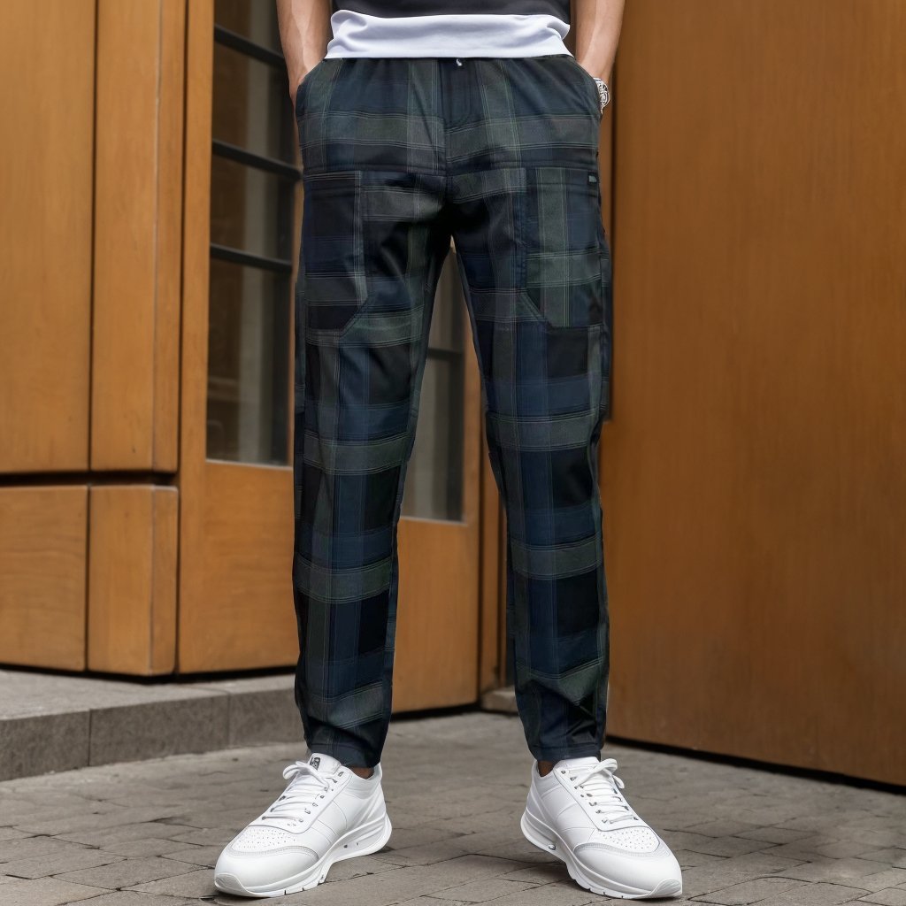 Blue and black plaid micro-elastic slim-fitting pants