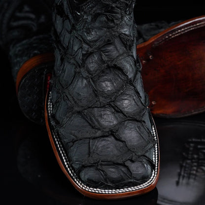 Men’s Handmade Matte Black Pirarucu Skin – Square Toe