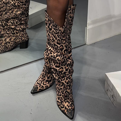 Fashion Pointed Leopard Chunky Heel Boots