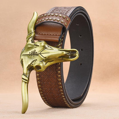 Men's bull head rivet embossed belt