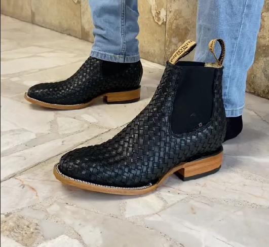 Black Woven genuine leather square toe half boots