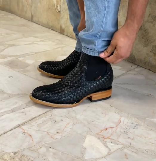 Black Woven genuine leather square toe half boots