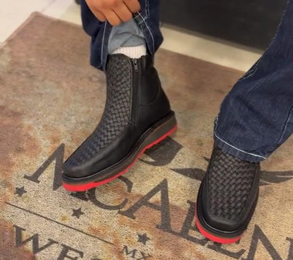 Men’s Black Basket Weave Artesanal Boots - Red Sole